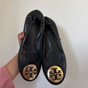 Tory Burch Black Flats with Gold Emblem
